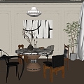 French Restaurant Round Table and Chair Combination Sideboard French Plaster Line Lamp Panel Chandelier 3d model