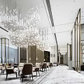 Elegant Sales Office Interior Featuring Modern Chandelier And Marble Reception Area Design