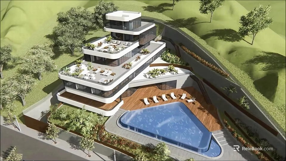 Modern Detached Villa Featuring Rooftop Terrace Swimming Pool Sun Loungers And Greenery 3d model 
