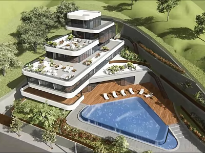 Modern Detached Villa Featuring Rooftop Terrace Swimming Pool Sun Loungers And Greenery 3d model