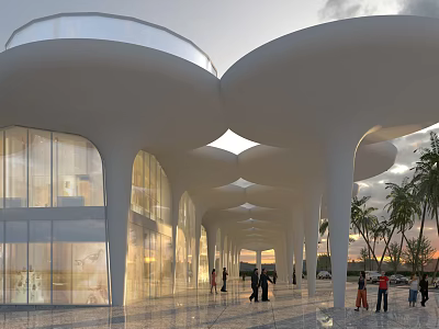 Modern Commercial Street With White Curved Architecture Glass Curtain Walls And Pedestrians At Sunset 3d model