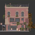 Pink Building Model Featuring Balcony Plants Striped Awning And Orange Trees