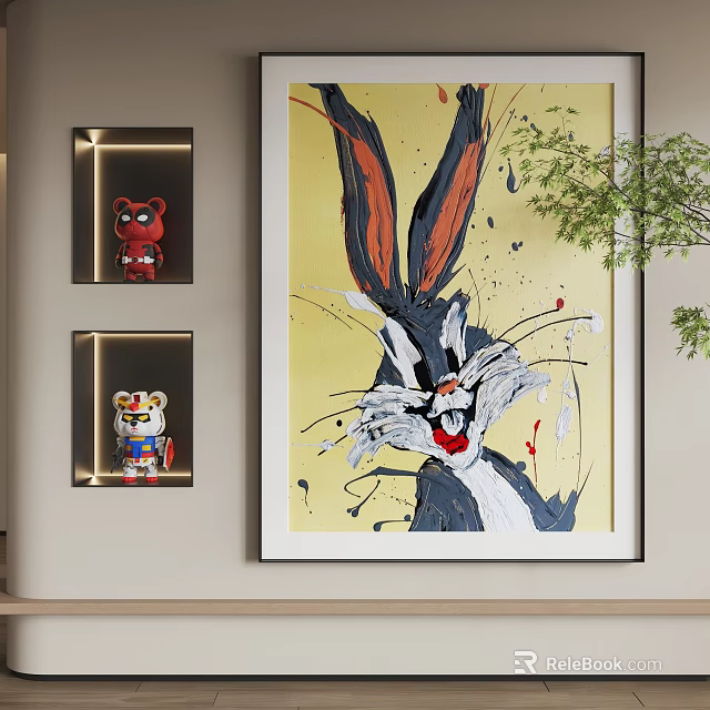 Vibrant Rabbit Animal Painting with Large Ears Red Mouth Yellow Background and Splash Paint Effect 3d model 