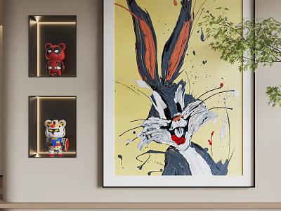 Vibrant Rabbit Animal Painting with Large Ears Red Mouth Yellow Background and Splash Paint Effect 3d model