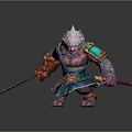 Game Fantasy Ape Warrior Character With Purple Fur Ornate Blue Red Armor And Sword