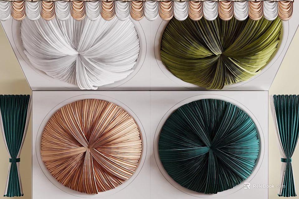 Elegant Ceiling Drapery In White Green Copper And Teal For Decorative Home Styling 3d model 