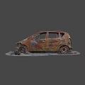 Burnt Rusted Orange Car With Open Doors Ash Around And Damaged Parts