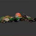Autumn Forest Floor Scene With Red White Spotted Mushroom Fallen Leaves And Green Foliage