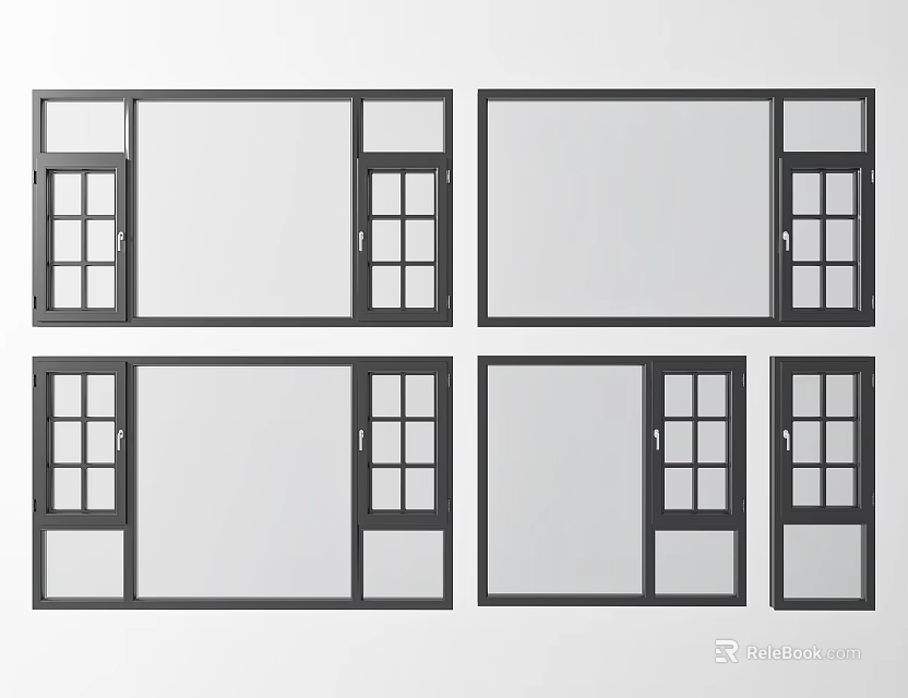 Modern Window Designs Featuring Various Panel Configurations And Black Frames 3d model
