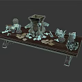 Decorative Wooden Long Table With Vase Pot Papers And Small Statues 3d model