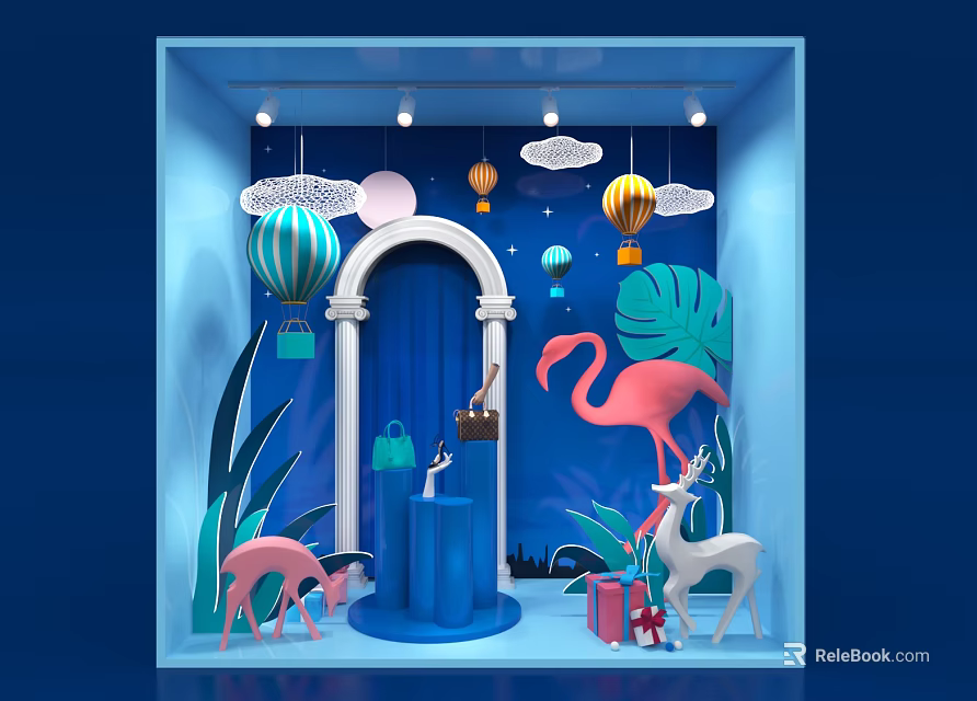 Creative Window Display with Blue Arch Hot Air Balloons Flamingo Deer Greenery Handbags Gift Boxes 3d model