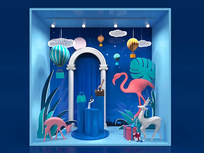 Creative Window Display with Blue Arch Hot Air Balloons Flamingo Deer Greenery Handbags Gift Boxes 3d model