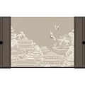 Chinese Style TV Background Wall With Beige Landscape Art Dark Brown Cabinets And Flying Birds