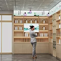 Modern Shopping Mall Store With Wooden Shelves And Various Bottled Products Lighting And Brand Signage
