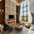 Spacious Duplex Living Room Interior With High Ceiling Balcony Railing And Decorative Art