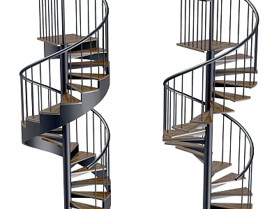 Modern Spiral Staircase Interior Design With Wooden Steps And Black Railings 3d model