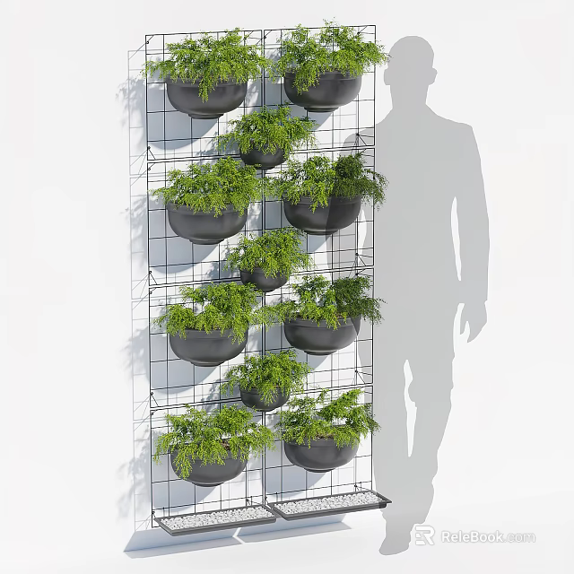 Bonsai Potted Plants on Metal Grid with Black Round Pots White Wall and Human Silhouette 3d model 