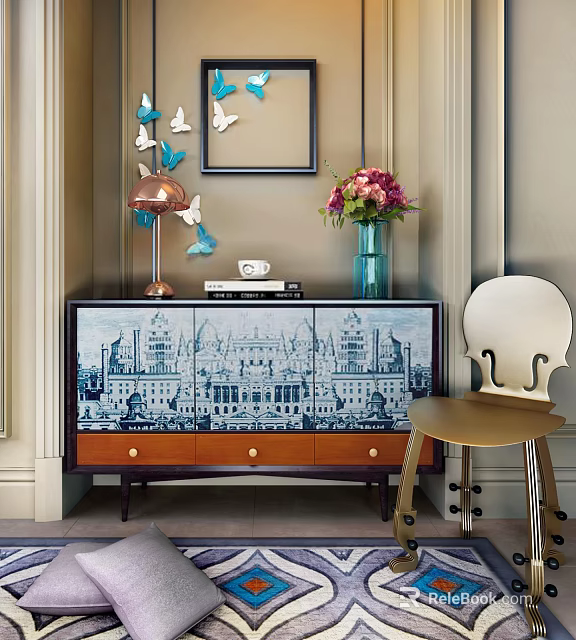 Stylish Entryway Console Table With Cityscape Design Drawers Lamp Vase Flowers And Violin Shaped Chair 3d model 