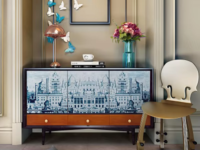 Stylish Entryway Console Table With Cityscape Design Drawers Lamp Vase Flowers And Violin Shaped Chair 3d model