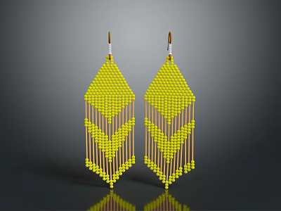 Yellow Beaded Diamond Shaped Earrings with Fringe Tassels Handmade Fashion Accessories 3d model