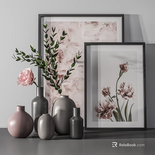 Elegant Vases With Pink Rose Green Leaves And Framed Flower Art In Home Decor 3d model 