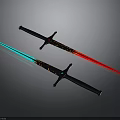Two Decorative Illuminated Swords with Blue Red Light and Ornate Handle Designs