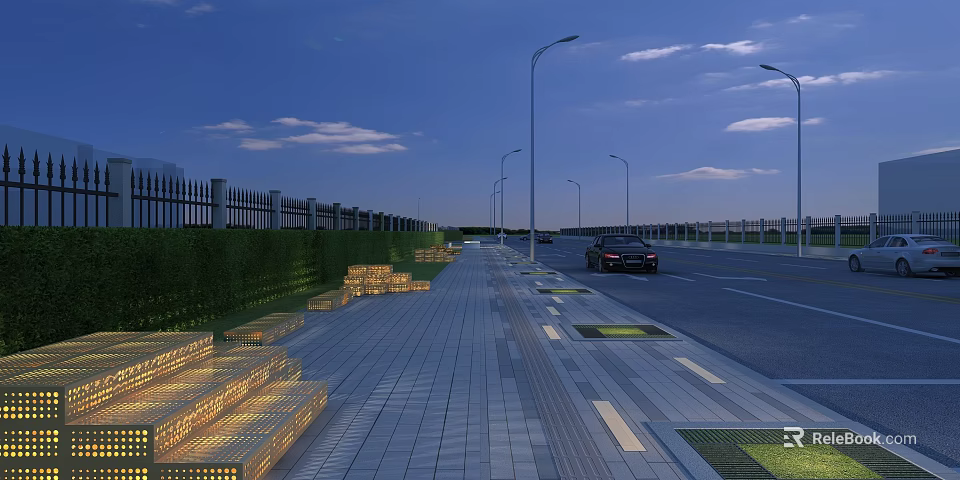 Municipal Road With Street Lamps Paved Sidewalk And Green Belts At Dusk 3d model 