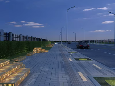 Municipal Road With Street Lamps Paved Sidewalk And Green Belts At Dusk 3d model
