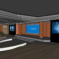 Modern Office Space With Red Brick Wall Display Counter And City Skyline Silhouette