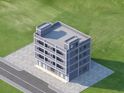 Multi Story Industrial Factory Building With Gray Exterior Green Grass And Paved Ground 3d model