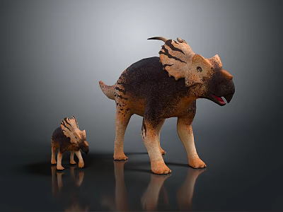 Adult and Juvenile Dinosaur Models in Brown and Beige Standing on Dark Reflective Surface 3d model