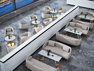 Modern Beige Public Chairs With Small Gold Tables In Marble Lounge Area 3d model