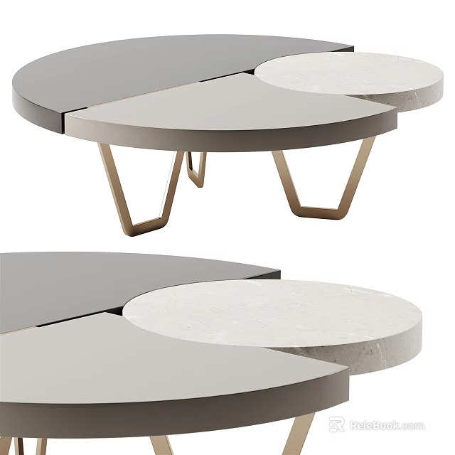 Modern Coffee Table with Interlocking Circular Tops and Geometric Gold Metal Legs 3d model 