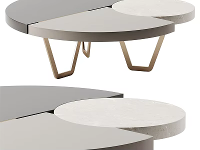 Modern Coffee Table with Interlocking Circular Tops and Geometric Gold Metal Legs 3d model
