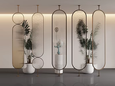 Modern Decorative Room Dividers with Golden Frames Perforated Design and Green Plants in White Planters 3d model