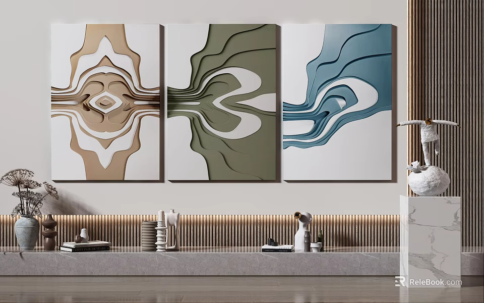 Abstract Paintings with Brown Green Blue Patterns in Modern Interior with Decorative Items 3d model