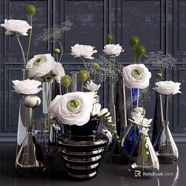 White Floral Arrangement In Black And Blue Glass Vases With Dark Background 3d model 