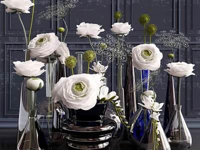 White Floral Arrangement In Black And Blue Glass Vases With Dark Background 3d model