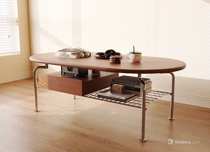 Modern Wooden Oval Coffee Table With Metal Legs Drawer Wire Shelf And Top Books 3d model 