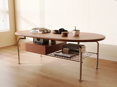 Modern Wooden Oval Coffee Table With Metal Legs Drawer Wire Shelf And Top Books 3d model