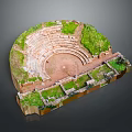 Ancient Amphitheater Ruins With Semicircular Stone Seats And Grass Covered Areas