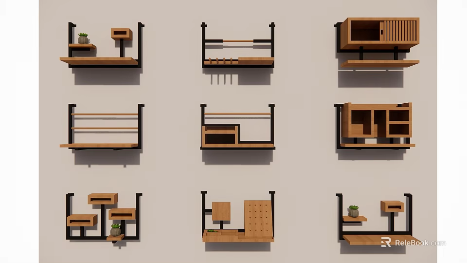 Wall Mounted Wooden Shelving Units With Various Designs Black Frames And Storage Solutions 3d model 