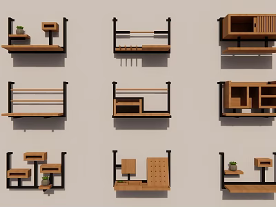 Wall Mounted Wooden Shelving Units With Various Designs Black Frames And Storage Solutions 3d model