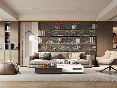 Modern Living Room Interior With Sofa Coffee Table Decorative Wall Floor Lamp And Accent Chair 3d model