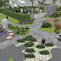 Park Landscape Design With Stone Path Lush Bushes Colorful Flowers And Pavilion