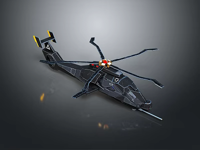 Black Low Poly Helicopter Model With Geometric Shapes Rotors And Yellow Tail On Dark Background 3d model