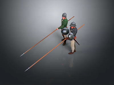 Two Medieval Warriors In Armor Holding Long Spears And Metal Shields 3d model