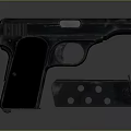 Detailed Black Metal Pistol With Detachable Magazine On Gray Background Surface