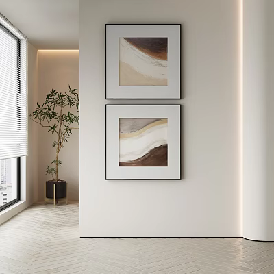 Abstract Paintings Hanging On Wall In Modern Minimalist Interior With Neutral Tones And Potted Plant 3d model