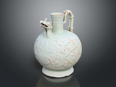 Celadon Vase With Dragon Shaped Decoration Lotus Patterns And Bamboo Handle 3d model